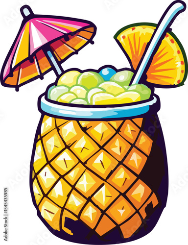 Colorful pineapple cocktail served with a miniature umbrella and citrus garnish.
