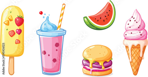 Colorful summer food and drinks illustration featuring ice cream milkshake watermelon and burger.