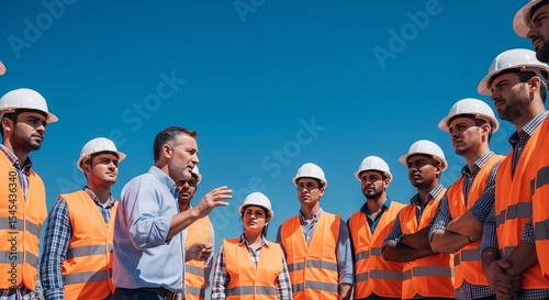 Construction Manager Leading a Safety Briefing with Diverse Team of Workers