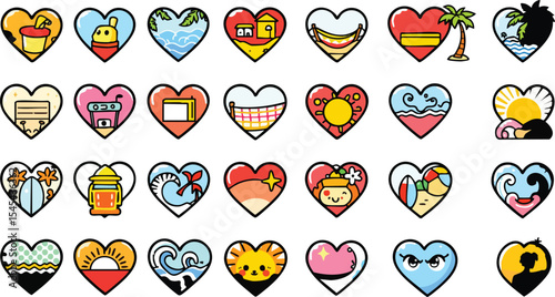 Cute illustrated collection of heart shaped icons depicting summer travel activities.