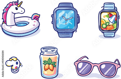 Fun and colorful summer themed illustrations featuring unicorn float  smartwatch and accessories.