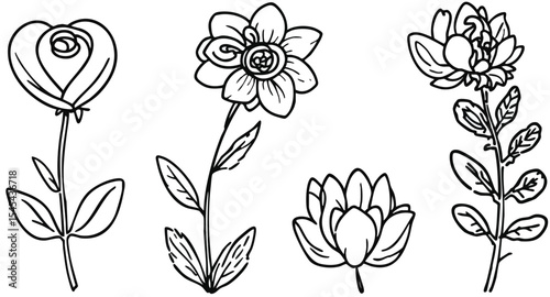 Simple black and white floral line drawings featuring various different flower designs.