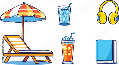 Summer essentials illustrated a beach scene with ice drinks books and headset.