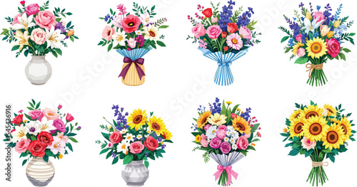 Watercolor illustrations of various beautiful floral bouquets and flower arrangements in different styles.