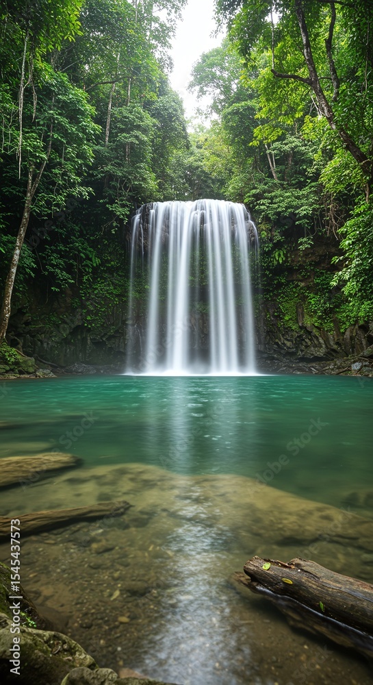 Fototapeta premium Serene Waterfall Cascading into Emerald Pool Lush Rainforest Paradise