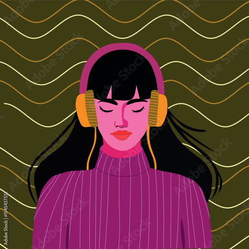 Vector illustration of girl with headphone. Colorful picture for banner use