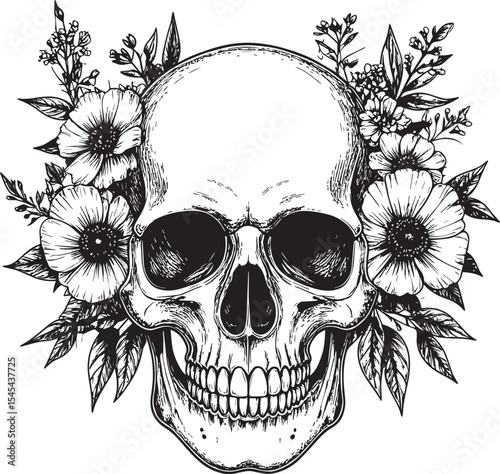 Vintage Skull with Flowers Engraving