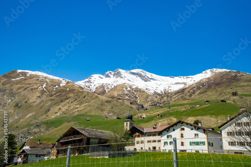 View of a mountain village. Mountain Alps landscape. hotel in a mountain valley.