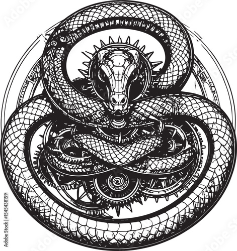 Ouroboros Mechanical Serpent - Vintage Illustration