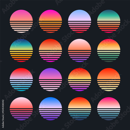 Vintage colorful sunset. Striped gradient sunrise badges in 80s and 90s style. Sun and ocean view, summer vibes, surfing. Design element for print, logo or t-shirt. Vector illustration