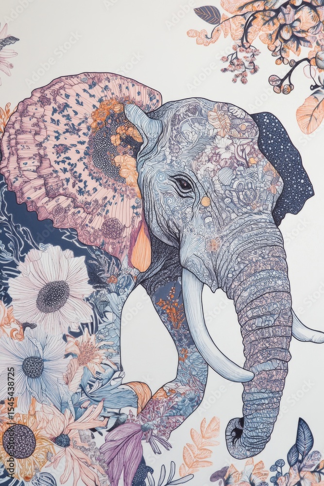 Obraz premium illustration of animal in vintage boho style. elephant on background of plants and flowers. botanical drawing style. Postcard. notebook cover, print concept. scrapbooking wallpapers. digital art