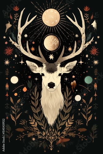 illustration of animal in vintage boho style. deer on background of plants and flowers. botanical drawing style. Postcard. notebook cover, print concept. scrapbooking wallpapers. digital art