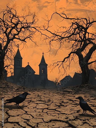 Photo of a spooky Halloween village with haunted houses, full moon, bats, and eerie shadows