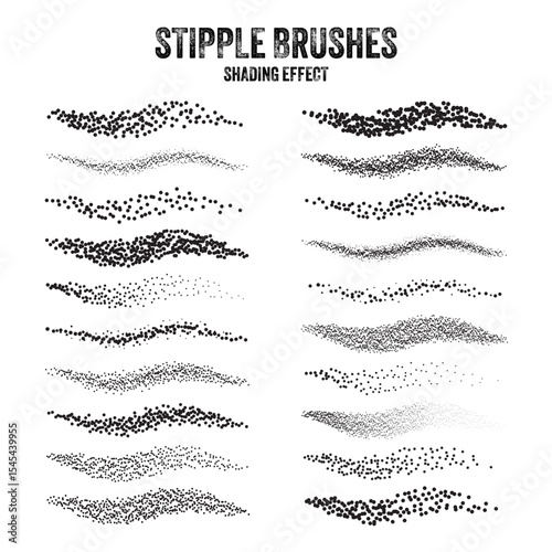 Ink scatter brush, stipple drawing and texturing. Fading gradient. Stippling, dotwork drawing, shading using dots. Halftone disintegration effect. White noise grainy texture. Vector illustration
