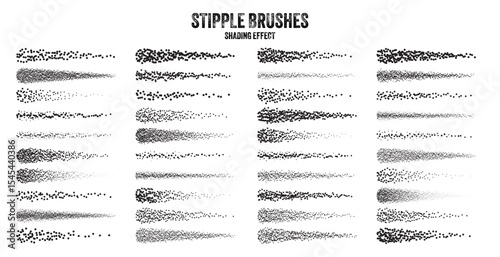 Ink scatter brush, stipple drawing and texturing. Fading gradient. Stippling, dotwork drawing, shading using dots. Halftone disintegration effect. White noise grainy texture. Vector illustration