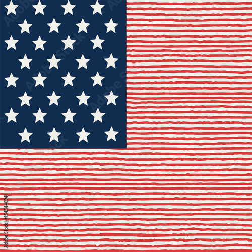 Vector design with decorative drawing of national flag of usa. Fashion t-shirt print. American pattern 
of stars and wavy stripes for textiles, fabric, clothing.