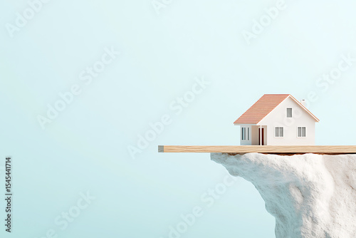 Precarious Housing: A miniature house sits on the edge of a cliff, supported by a wooden plank, symbolizing market instability and financial risk.