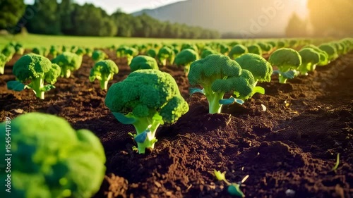 Close-up of broccoli plants growing in rich soil on a farm under bright sunlight, showcasing fresh produce and agricultural cultivation