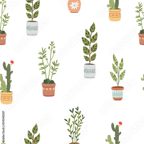 Seamless pattern with indoor plants in pots on a white background. Vector illustration in a flat style.