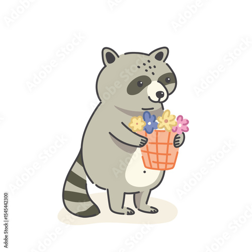 Cartoon illustration of a raccoon holding a basket of flowers. Ideal for children's designs, vector flat style