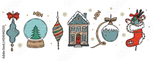 Christmas symbol, ball, tree, toy on white. Hand drawn illustration.	
