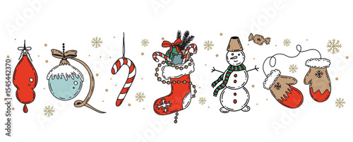 Christmas symbol, ball, tree, toy on white. Hand drawn illustration.	
