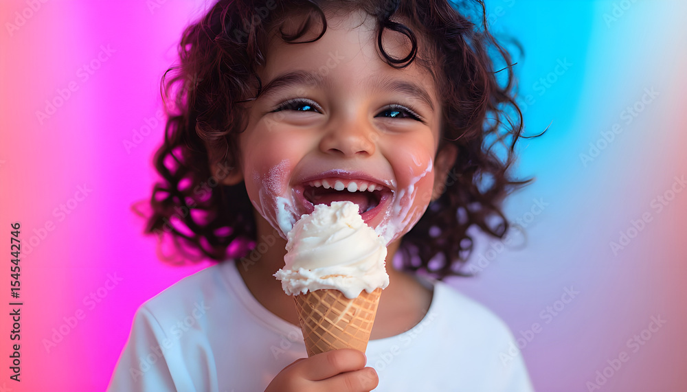 Happy child enjoys ice cream. Messy face joyful expression. Young kid smiles laughs while eating tasty dessert treat. Childhood happy moments Happy child enjoys ice cream. Messy face joyful expression. Young kid smiles laughs while eating tasty dessert treat. Childhood happy moments