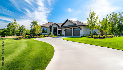 Home, curving driveway leading to house amongst green trees. Sunny day, landscape view. Residential property, modern real estate