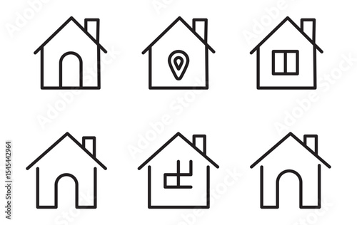 Web home icon set for websites and apps. Simple house symbol. Flat real estate sign. Main page pictogram in filled, thin line, outline and stroke style. Isolated illustration.