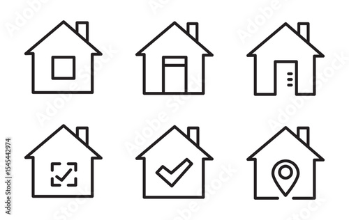 Web home icon set for websites and apps. Simple house symbol. Flat real estate sign. Main page pictogram in filled, thin line, outline and stroke style. Isolated illustration.