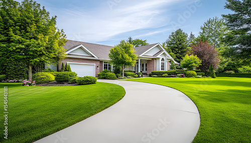 Home, curving driveway leading to house amongst green trees. Sunny day, landscape view. Residential property, modern real estate
