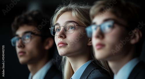In a modern office setting, a gathering of business leaders envision future possibilities, in line with the ideals of a copy space design, facilitated by generative AI.
