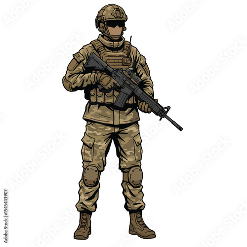 Camouflaged Soldier Illustration Military Combat Gear and Weaponry