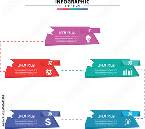 editable 5 step ribbon infographic, with icons in zigzag layout. perfect for business workflow, timeline, report, marketing, and presentation. flat vector, clean and easy to edit.