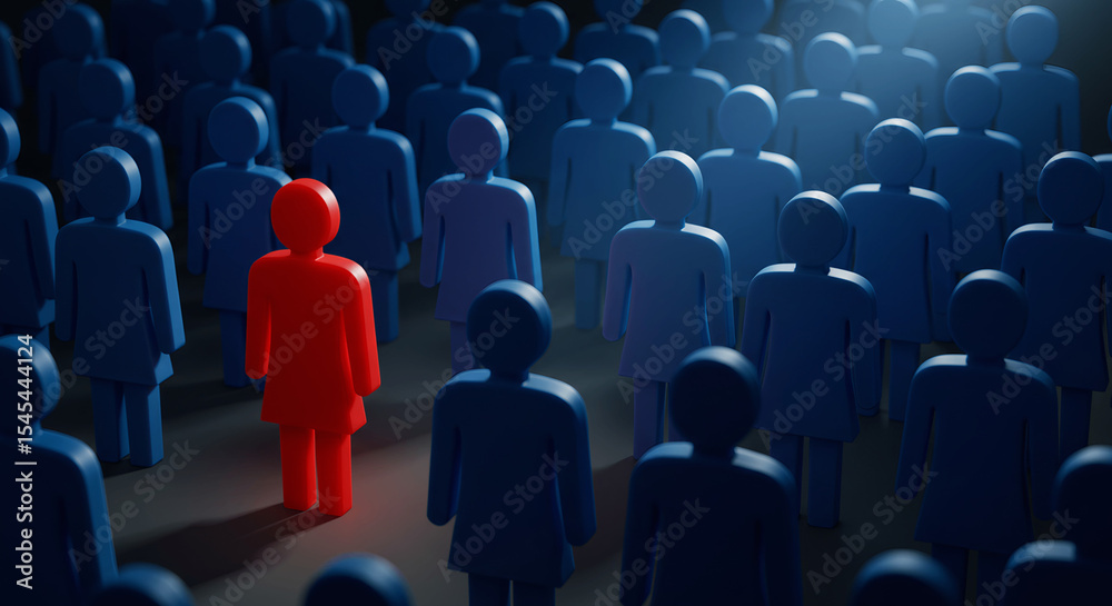 Obraz premium Red figure standing out in blue crowd symbolizing leadership and individuality in 3D rendering