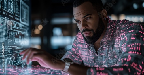 Within a dark office, a man superimposes data while coding and managing systems for crypto trading. A futuristic dashboard and a programmer utilizing holograms are central, enabling analysis of cyber