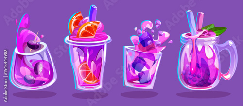 Pink cocktail in glass cup with splashes and straw
