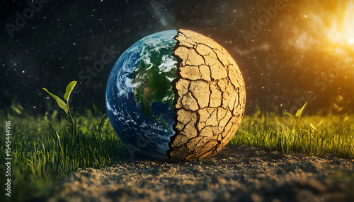 Visual of global challenges one half green, arid cracked earth. Environmental issues climate change, drought, global warming. Concept of sustainability, ecology, nature, earth, conservation