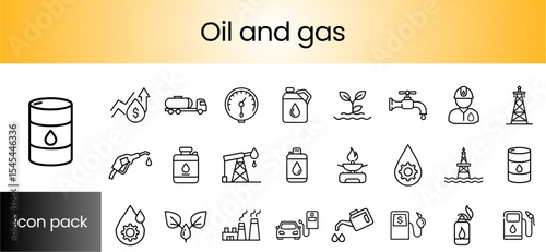 Oil and gas icon set featuring drilling, production, and refinement symbols