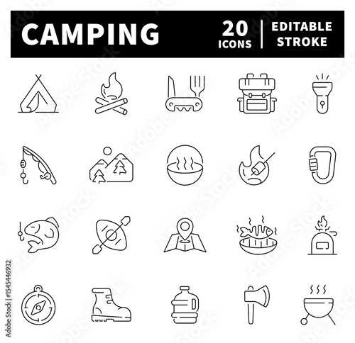 Camping vector icons. Camping line icons. Outdoor, tools, adventure, trekking, nature, landscape, forest, mountain, travel, camping related icons
