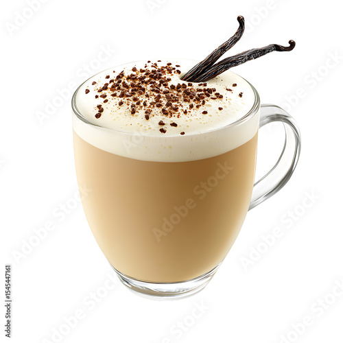 Vanilla Latte with Whipped Cream and Chocolate Shavings in a Glass Mug