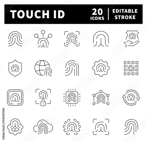 Touch ID vector icons. Finger print icons. Biometric id, unique scan, line signature, identity, Fingerprint, touch ID related icon set. Thin line icons, Editable stroke