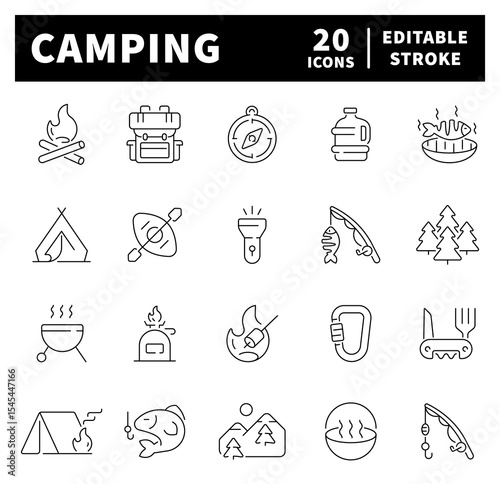 Camping vector icons. Camping icon set. Holiday, vacation, hiking, fishing, travel, camping related icons. Thin line editable stroke