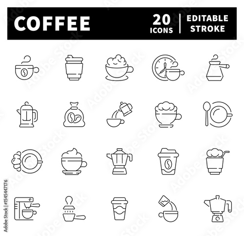 Coffee icons in line style. Hot rink, cacao, cup, cafe, mug, coffee related icons. Editable stroke