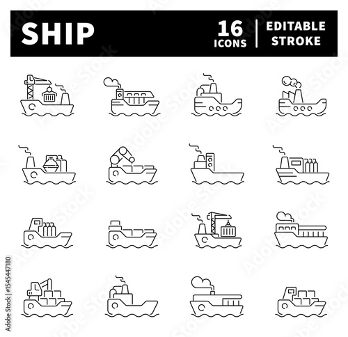 Ship icon set. Cruise ship, boat, cruise liner, ship related icons. Editable stroke, thin line icons set