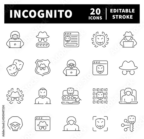 Incognito thin line icon collection.  Spy agent, incognito, anonymous, browse in private icons.