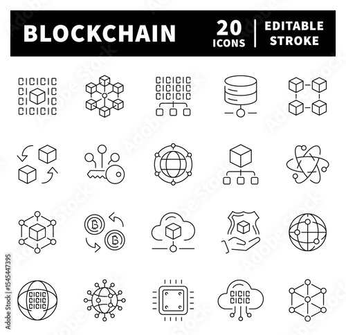 Blockchain thin line icons collection. Outline icons related to blockchain. Cyberspace, crypto, crypto currency, digital, transaction, Blockchain