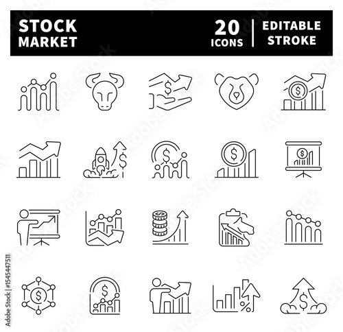 Stock market vector icon set. Stocks, stock exchange, financial goal, shares, investment, bull market, bear market, investment 