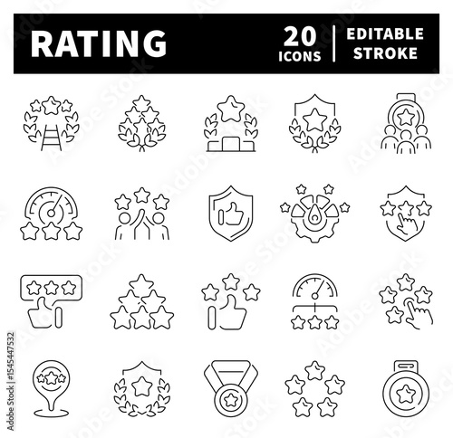 Rating stars icon set in line style. Simple Set of Stars Related Icons. Rating, medal, award, review, evaluation, feedback, ranking icons