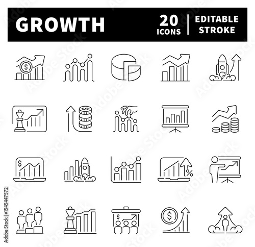 Growth icon set in line style. Development, increase, growth, bar graph, improvement, stock market, profit, launch, growing graph icons